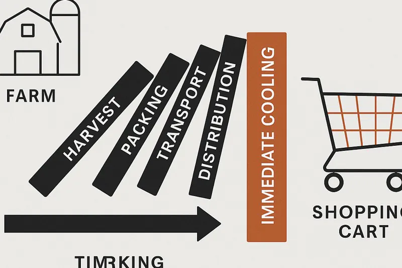 An infographic showing a domino effect from a farm to a shopping cart, with 'Immediate Cooling' stopping the dominoes from falling