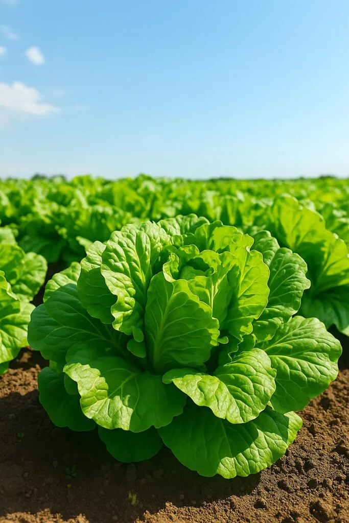 A high-resolution digital photograph captures a healthy field of leafy greens under a clear blue sky, ideal for showcasing vacuum cooling applications in agriculture