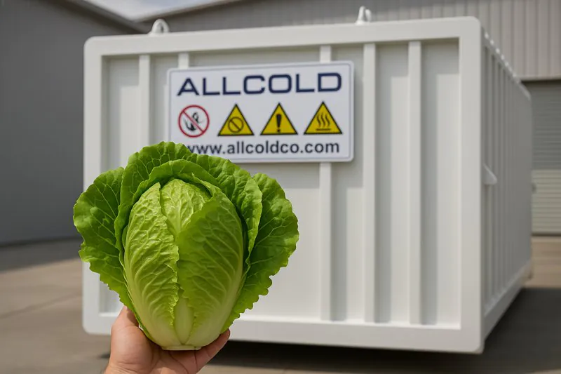 A beautiful, perfect head of lettuce being placed into a modern allcold vacuum cooler