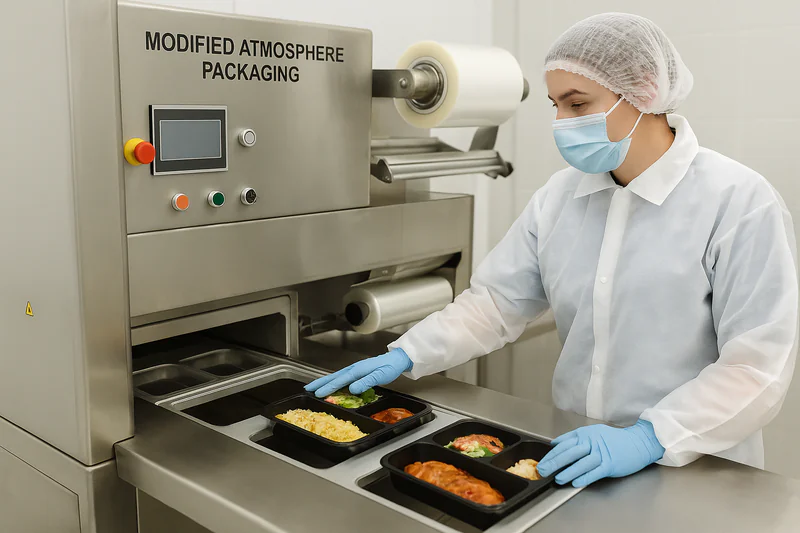 A worker in protective clothing operating a Modified Atmosphere Packaging (MAP) machine in a clean food processing facility, sealing trays of ready-to-eat meals with transparent film.