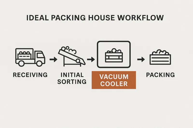 A diagram showing an ideal packing house workflow with the vacuum cooler positioned right after the initial sorting station