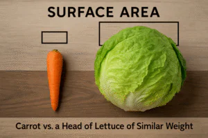 Diagram comparing the surface area of a carrot vs. a head of lettuce of similar weight