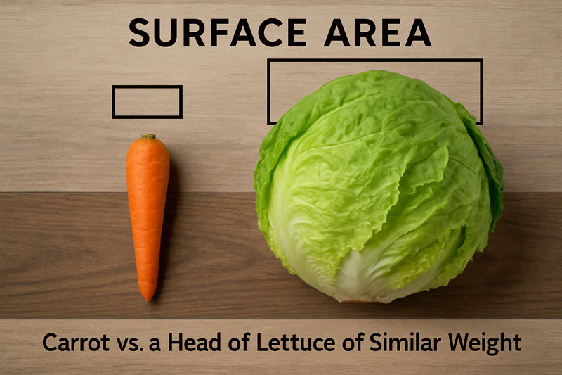 Diagram comparing the surface area of a carrot vs. a head of lettuce of similar weight