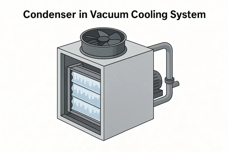 Diagram or photo of a condenser unit within a vacuum cooling system, with frost on the coils