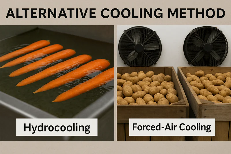 Image comparing hydrocooling setup (e.g., carrots in water bath) and forced-air cooling (e.g., potatoes in bins with fans)