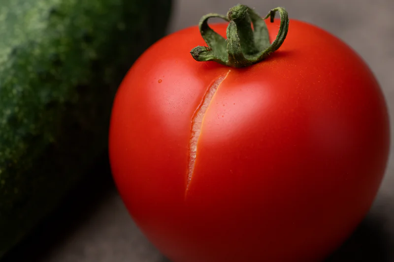 Close-up of a tomato with a slight skin crack, or cucumber showing signs of stress