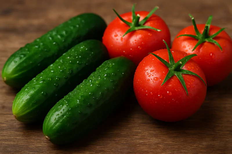 Fresh cucumbers and tomatoes with water droplets, looking crisp and vibrant