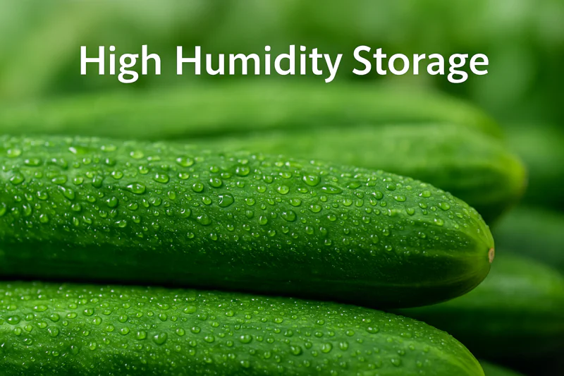 Cucumbers in a high-humidity storage environment, looking fresh and dewy