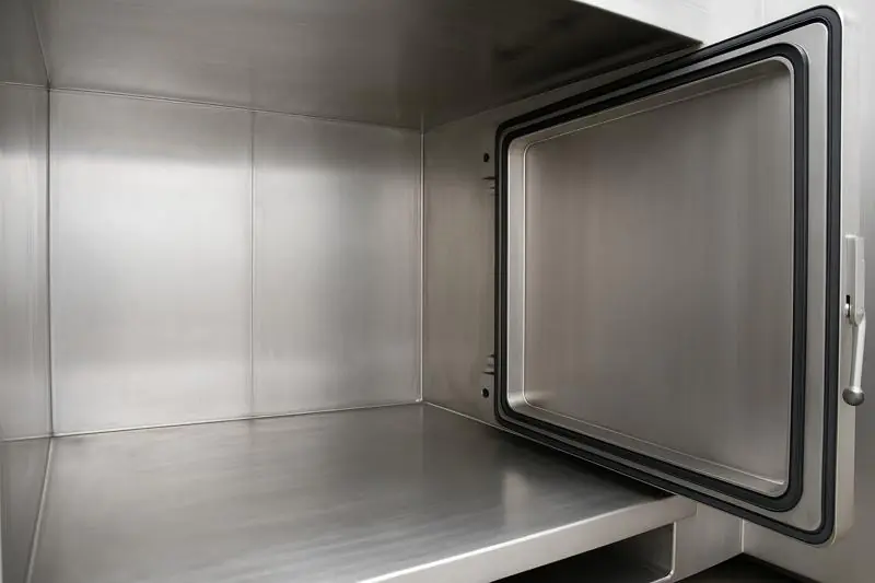 Interior shot of a clean, stainless steel vacuum chamber with a sturdy door and seal