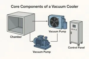 Exploded view or diagram of a vacuum cooler highlighting key components like pump, condenser, chamber