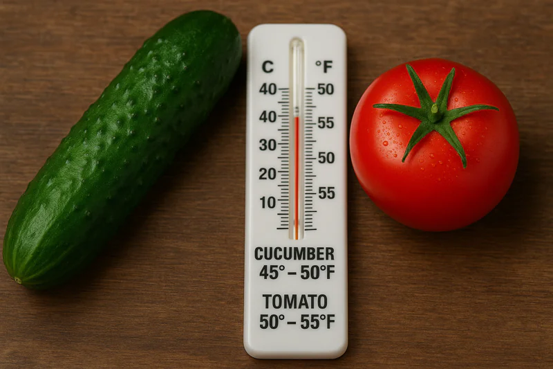 Thermometer next to a cucumber and tomato showing ideal temperature ranges