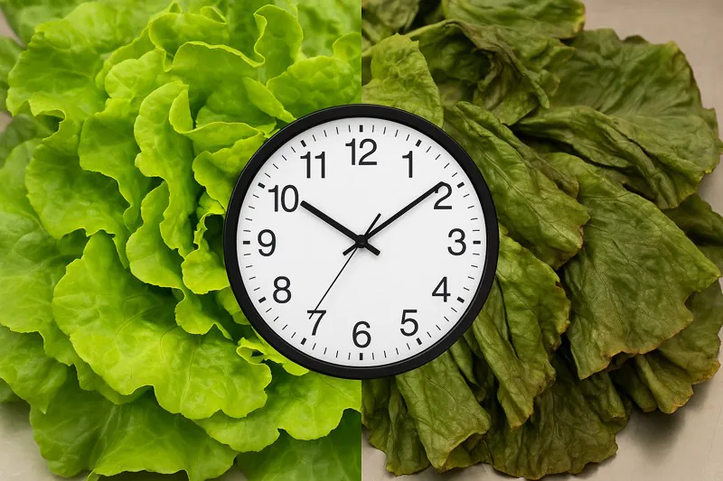 A split image showing vibrant, fresh lettuce on one side and wilted lettuce on the other, with a clock in the middle