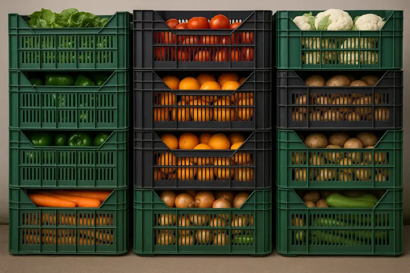 Properly stacked, vented crates of produce, showing ample space for air and vapor to move