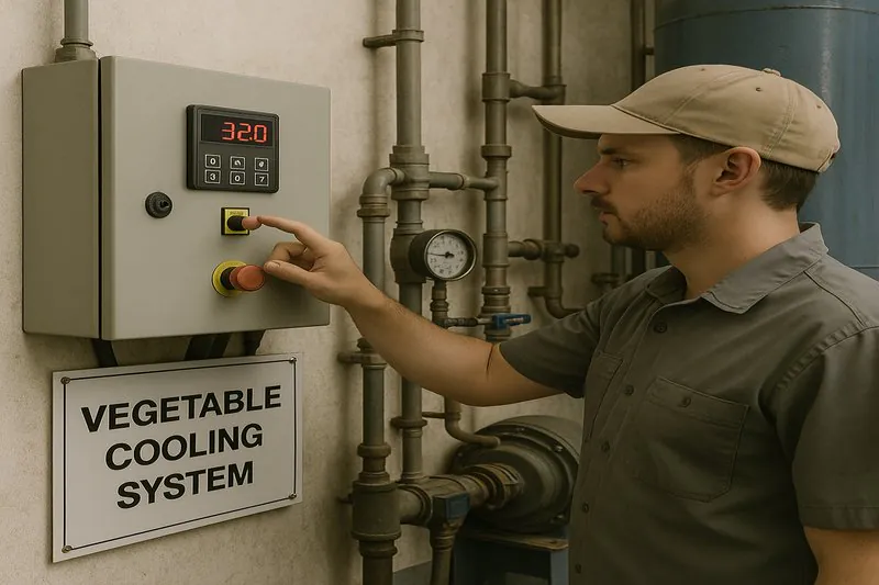 Technician checking settings on a vegetable cooling system