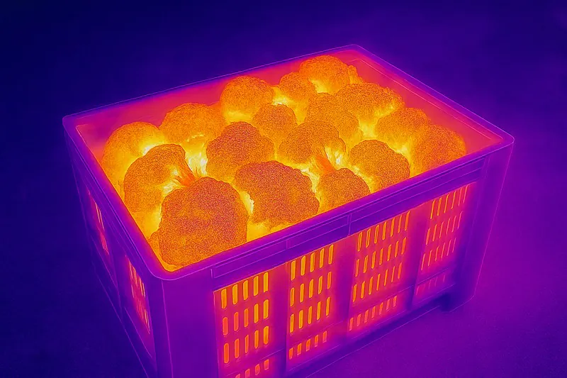 A thermal camera image showing the intense 'field heat' in a crate of freshly harvested broccoli