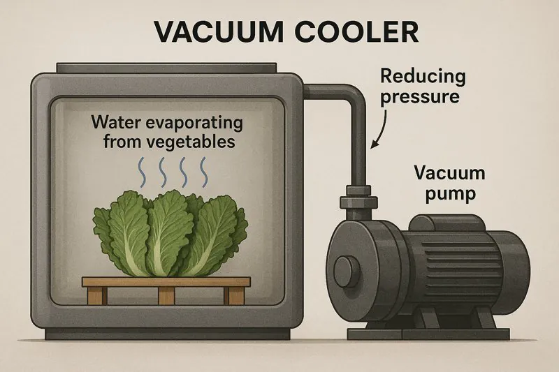 Diagram of vacuum cooler highlighting vacuum pump reducing pressure and water evaporating from vegetables