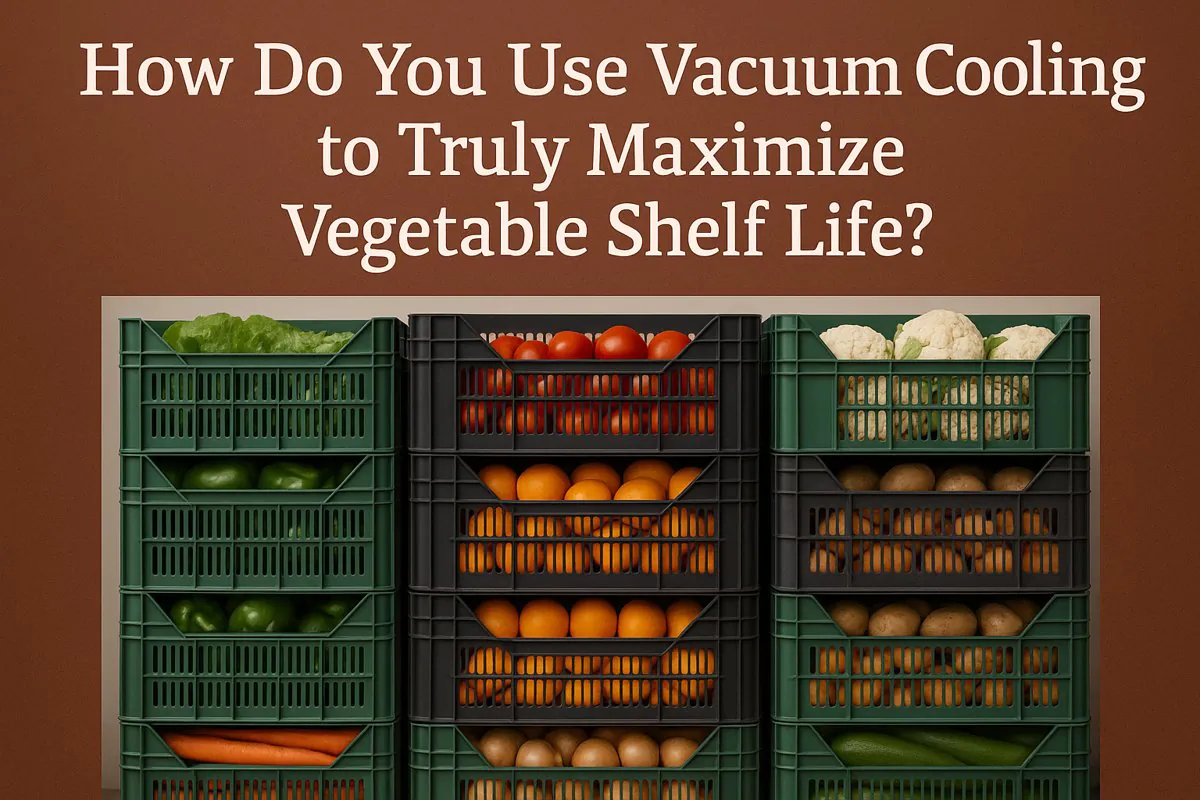 A stack of colorful, fresh vegetables in ventilated plastic crates inside a clean facility, representing ideal conditions for vacuum cooling to extend shelf life.