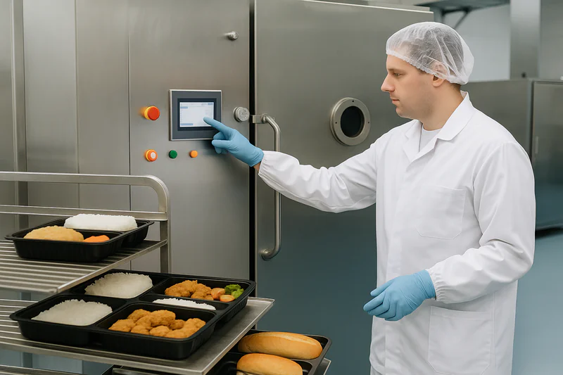 A food technician in a white uniform operating a vacuum cooling system for ready-to-eat meals, with trays of packaged food on stainless steel racks in a clean food processing facility.