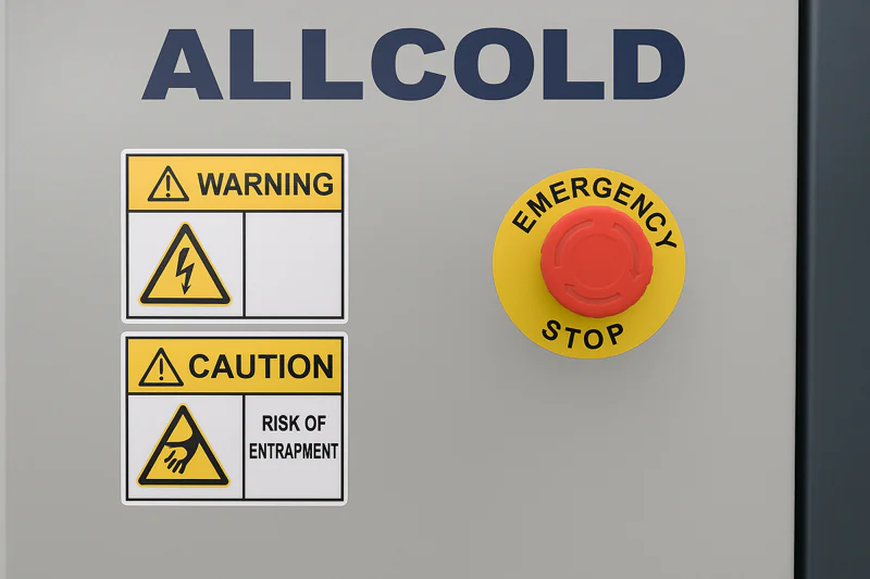 A photo highlighting the red emergency stop button and other safety labels on an Allcold machine.