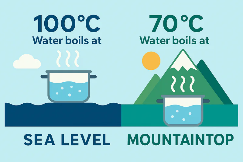 An infographic showing water boiling at 100C at sea level and at 70C on a mountaintop.