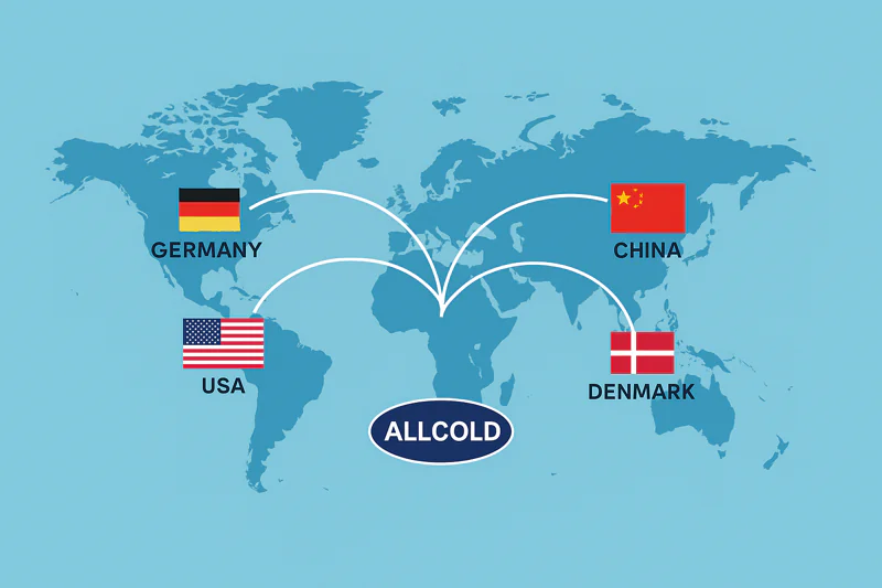 A world map with lines connecting Germany, USA, Denmark, and China, showing the global supply chain for an Allcold machine.