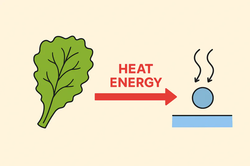 A diagram showing heat energy transferring from a lettuce leaf to an evaporating water molecule.