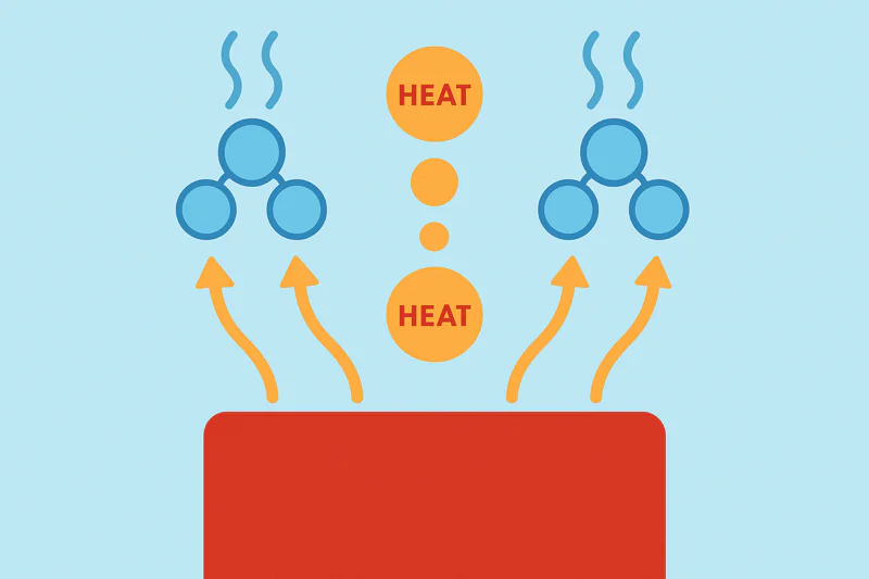 An animation showing heat particles moving from a product and latching onto rising water vapor molecules.