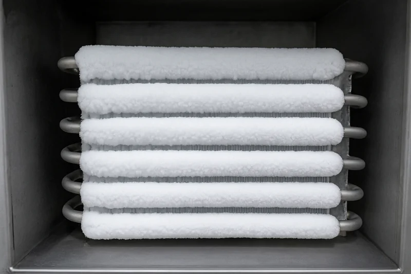 A close-up shot of thick ice forming on the refrigeration coils inside a vacuum cooler.
