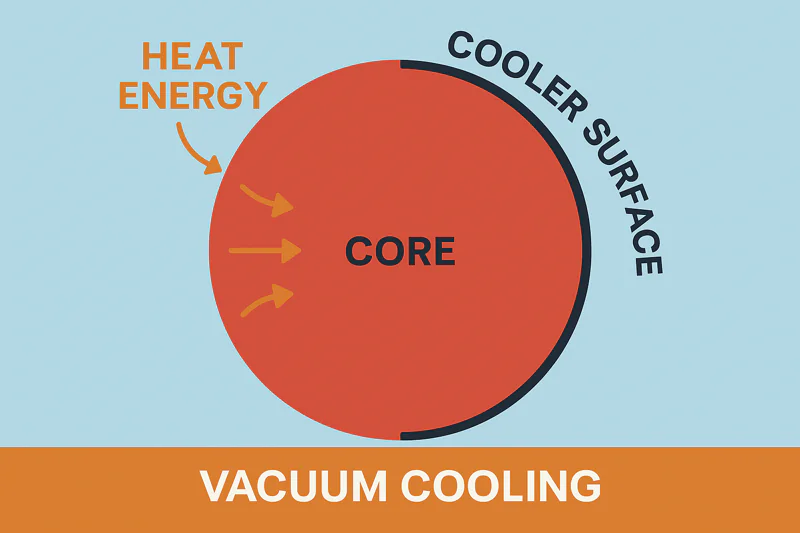 A diagram showing heat energy flowing from the core of a product to its cooler surface during vacuum cooling.
