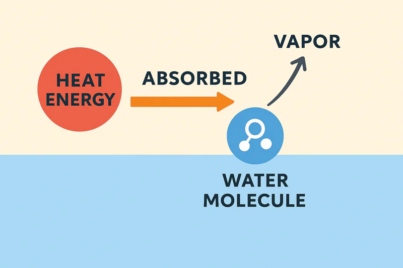 A diagram showing a heat energy particle being absorbed by a water molecule as it turns into vapor.