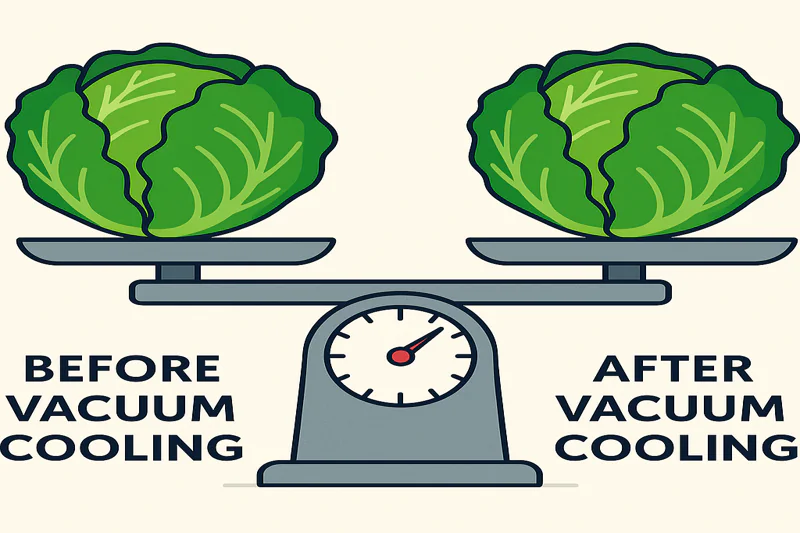 A scale showing a head of lettuce before and after vacuum cooling, with a minimal weight difference.