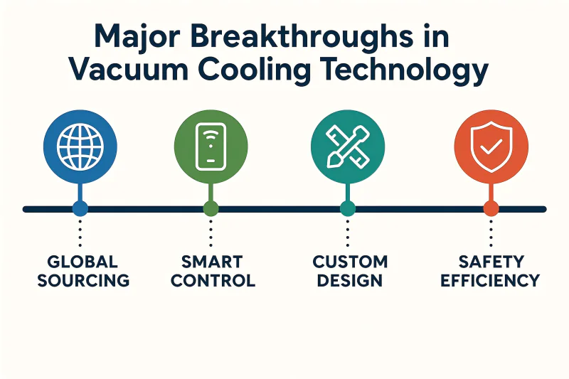 An infographic showing a timeline with icons for Global Sourcing, Smart Control, Custom Design, and Safety/Efficiency.