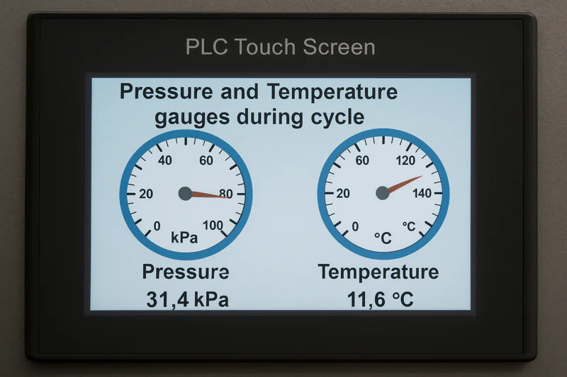 A photo of a PLC touch screen showing both the pressure (in kPa) and temperature (in C) gauges during a cycle.