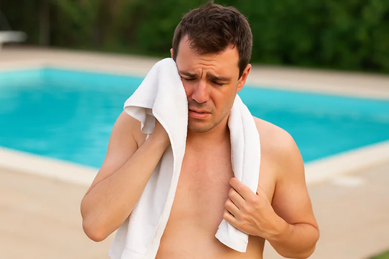A person toweling off at the side of a swimming pool, illustrating the feeling of evaporative cooling.