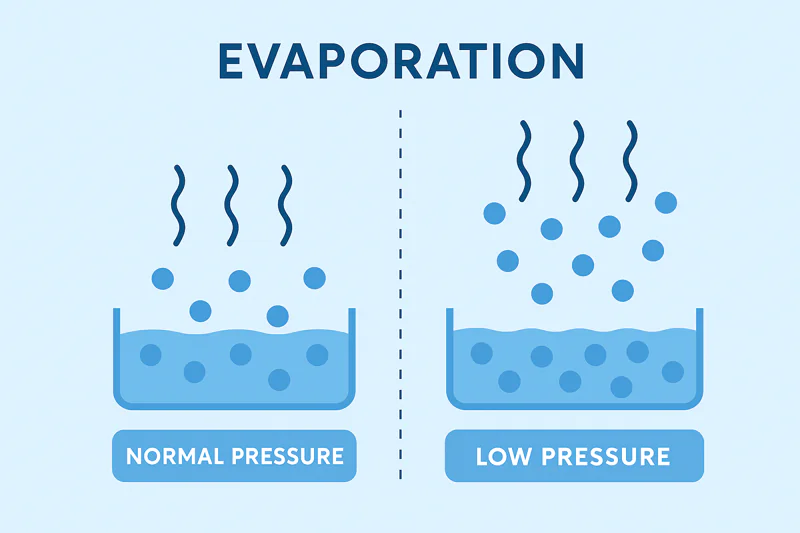 An infographic comparing evaporation in a normal vs. a low-pressure environment.