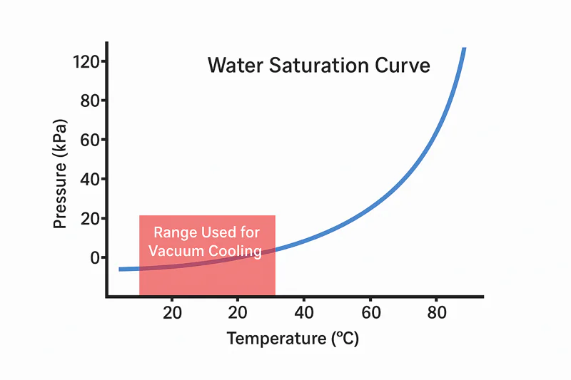 A simplified chart of the water saturation curve, highlighting the range used for vacuum cooling.