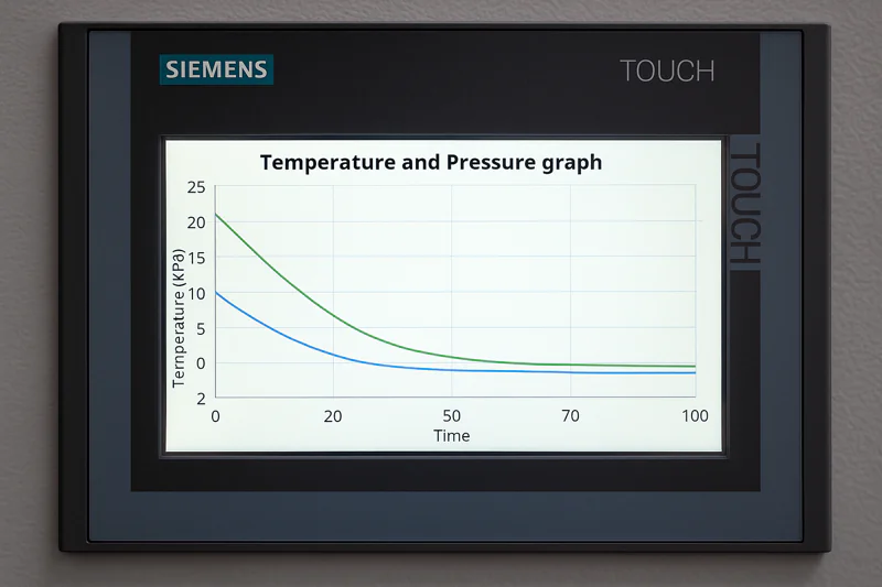 A close-up of a modern Siemens touch screen interface showing a live graph of temperature and pressure.