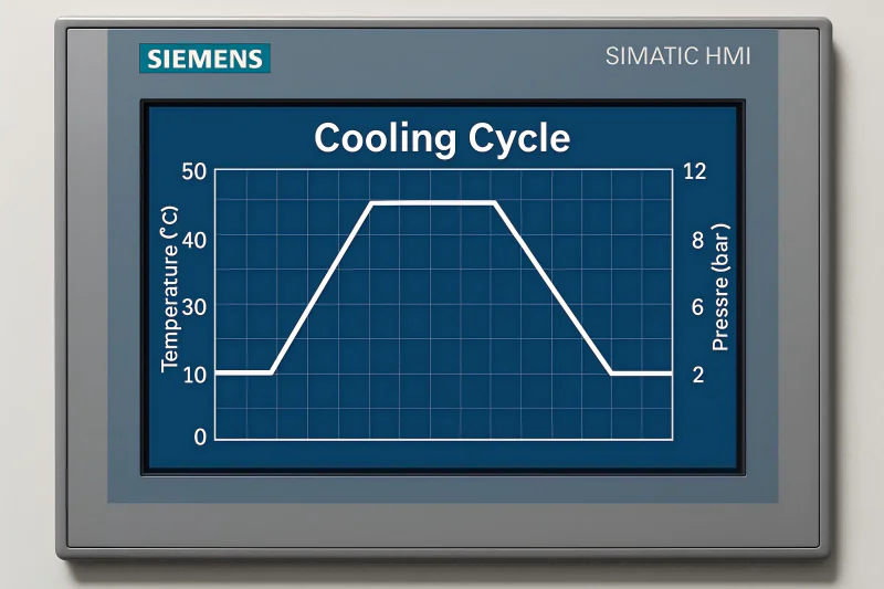 A close-up of a Siemens touch screen interface displaying a clear graph of the cooling cycle's temperature and pressure.