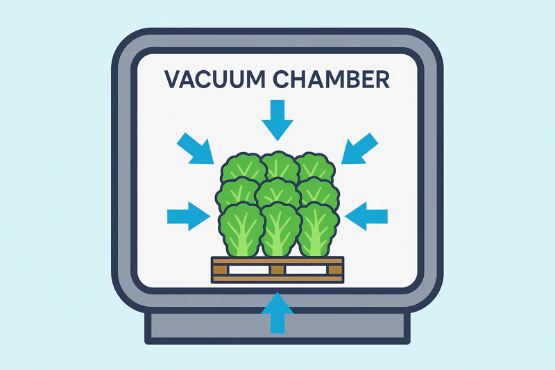 An illustration of a pallet of lettuce inside a vacuum chamber, with cooling arrows pointing inwards from all sides.