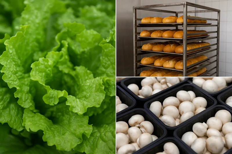 A collage of different products being cooled: fresh lettuce, a trolley of baked bread, and containers of mushrooms.