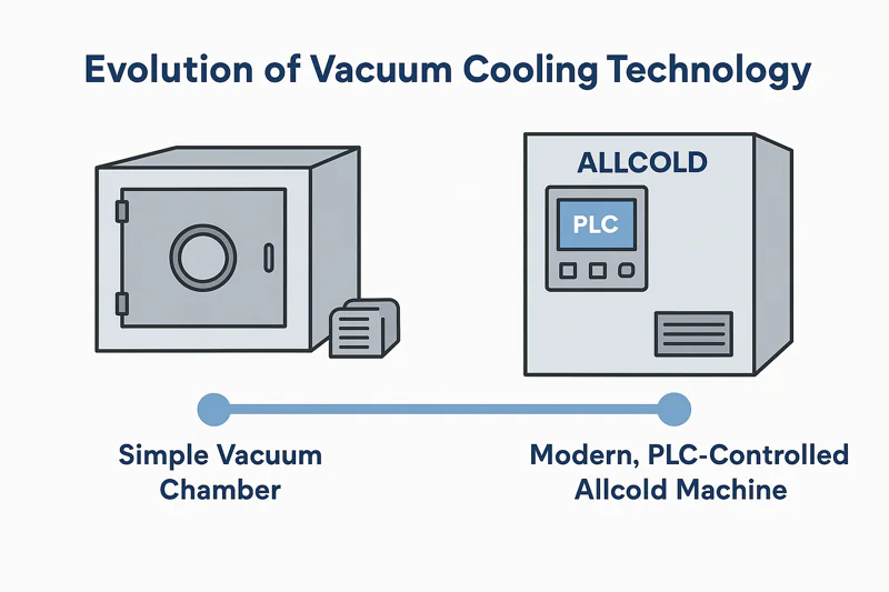 A timeline graphic showing the evolution from a simple vacuum chamber to a modern, PLC-controlled Allcold machine.