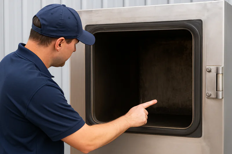 A maintenance worker pointing to the large rubber door seal on a vacuum cooler.