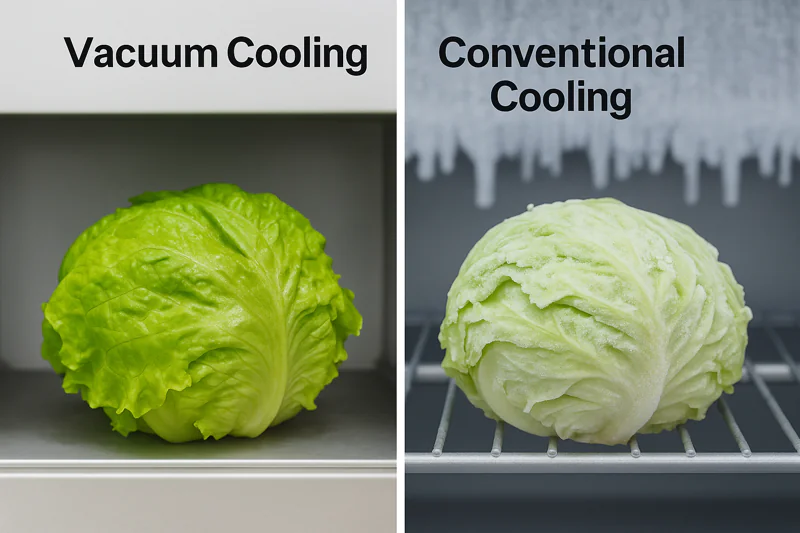 A split-screen image showing lettuce freezing on the outside in a blast chiller vs. staying fresh in a vacuum cooler.