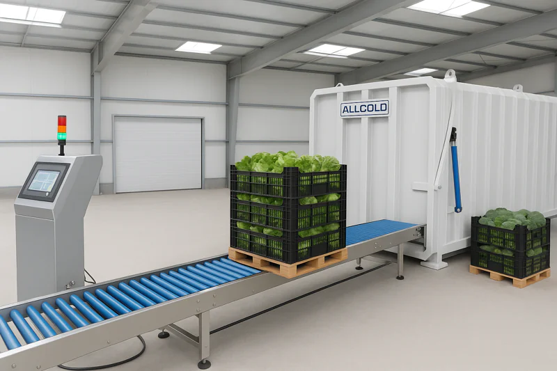 A sleek, automated packing line seamlessly feeding pallets into a large, industrial vacuum cooler