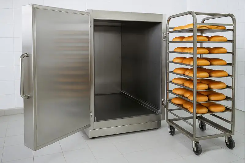 A clear photo of a stainless steel batch cooler with its door open, showing a wheeled trolley of bread ready to be loaded inside.