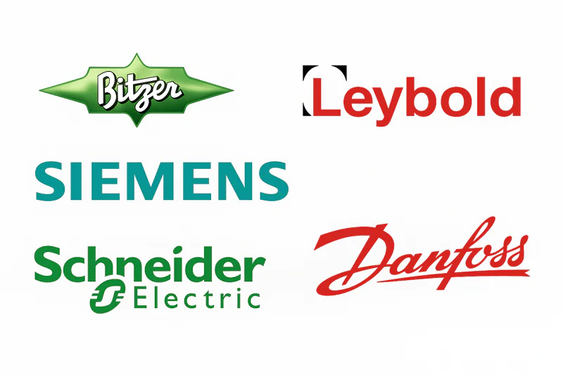 A collage of logos from top-tier industrial brands: Bitzer, Leybold, Siemens, Schneider, and Danfoss.
