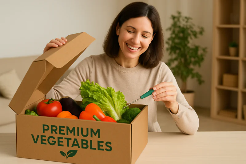 A branded box of premium vegetables being opened by a happy customer, showing vibrant and fresh produce
