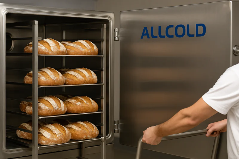 A beautiful shot of a rack of freshly baked artisan bread being loaded into a gleaming stainless steel ALLCOLD vacuum cooler.