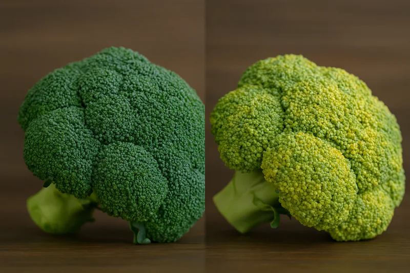 A side-by-side comparison showing a vibrant green head of broccoli next to one that is starting to turn yellow