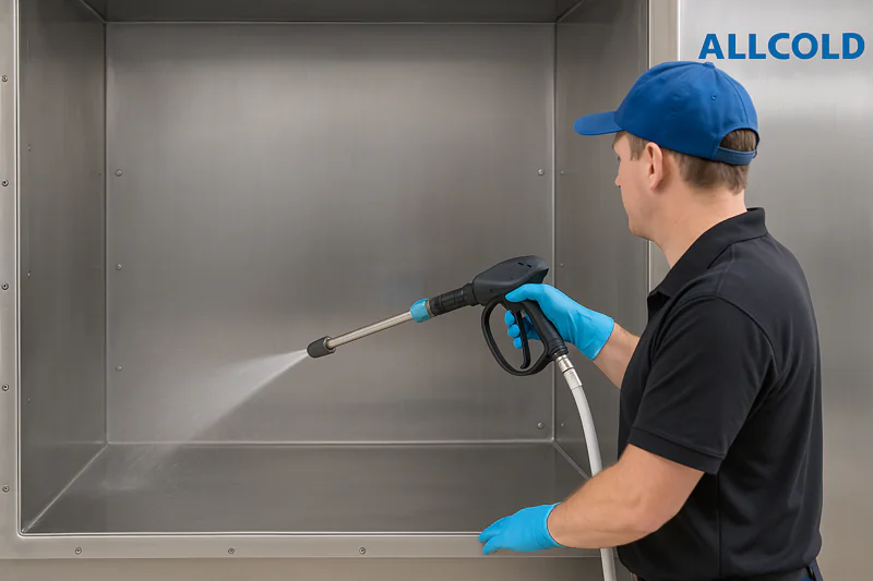 An operator easily pressure-washing the clean, stainless steel interior of an ALLCOLD vacuum chamber.
